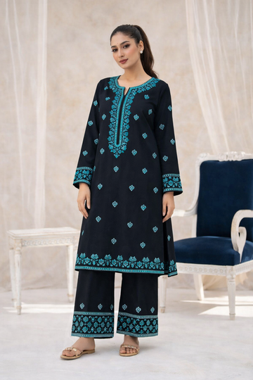 Unstitched 2 pc embroidered cotton lawn (Black color & skied Embroidery)