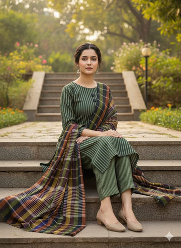Unstitched Autumn Grace 3-Piece Suit (Green Golden)