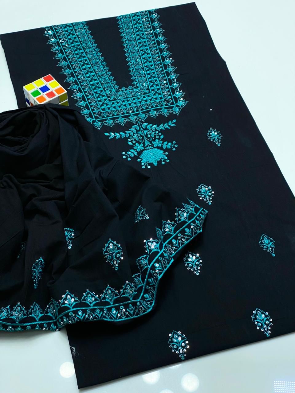 Unstitched 2 pc embroidered cotton lawn (Black color & skied Embroidery)