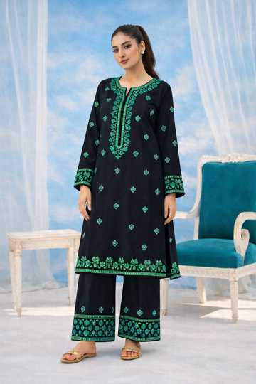 Unstitched 2 pc embroidered cotton lawn (Black color & Green Embroidery)
