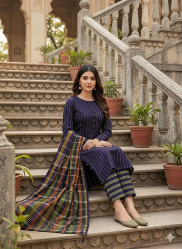 Unstitched Autumn Grace 3-Piece Suit (Purple Golden)