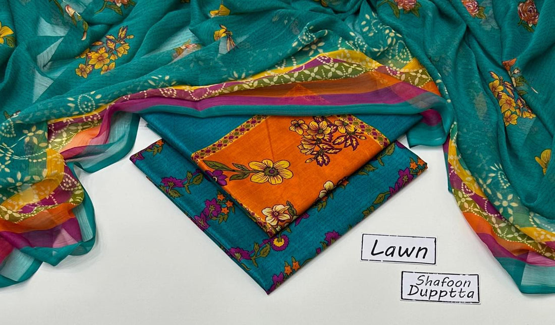 Unstitched 3PC LAWN PRINTED CHIFFON DUPATTA || CHARIZMA